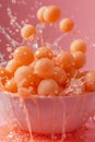 Fresh Cantaloupe Melon Balls Splashing into Pink Bowl with Water Droplets on Vibrant Background Royalty Free Stock Photo