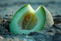 Fresh Cantaloupe Melon Slice on Sandy Beach at Sunrise, Juicy Summer Fruit, Tropical Holiday Concept Royalty Free Stock Photo