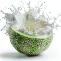 A fresh cantaloupe melon with a splash of milk exploding from its center Royalty Free Stock Photo
