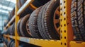 Fresh car tire displayed on warehouse tire rack, organized automotive tire storage solution. Royalty Free Stock Photo