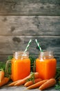 Fresh Carrot and carrot juice on Wooden Table in Garden. Vegetables Vitamins Keratin. Natural Organic Carrot lies on Royalty Free Stock Photo