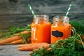 Fresh Carrot and carrot juice on Wooden Table in Garden. Vegetables Vitamins Keratin. Natural Organic Carrot lies on Royalty Free Stock Photo