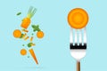 Fresh carrot on fork with flying carrots background , healthy food concept