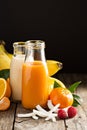 Fresh carrot, orange and coconut juices Royalty Free Stock Photo