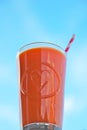 Fresh Carrot, orange and ginger juice against blue sky. Royalty Free Stock Photo