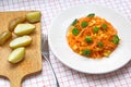 Fresh carrot spaghetti with broccoli, corns and baked potatoes Royalty Free Stock Photo