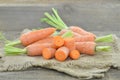 Fresh carrots and cut on raw cloth on wooden background rustic Royalty Free Stock Photo