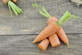 Fresh carrots and cut carrots on wooden table. rustic Royalty Free Stock Photo