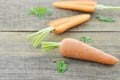 Fresh carrots and double cut on wooden rustic Royalty Free Stock Photo