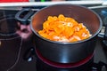Fresh carrots and onions frying in pan casserole Royalty Free Stock Photo