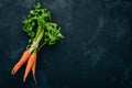 Fresh carrots. Organic food. On a black background. Top view.