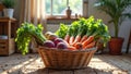 Fresh carrots, radishes, and celery in wicker basket on sunlit kitchen floor Royalty Free Stock Photo