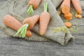 Fresh carrots and slices on raw cloth on wooden rustic