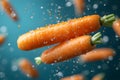 Fresh Carrots with Water Droplets Floating on a Blue Background Generative AI Royalty Free Stock Photo