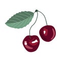 Fresh cartoon red pair cherries. Icon or logo emblem isolated on white background. Vector illustration for any design.