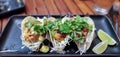 Fresh caught Mahi Mahi fish tacos with shredded cabbage, avocado, tomatillo salsa, vine-ripened tomatoes, and cilantro on corn Royalty Free Stock Photo