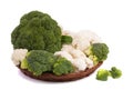 Fresh cauliflower and broccoli in a wooden basket isolated on a white background. The concept of proper nutrition Royalty Free Stock Photo