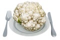 Fresh cauliflower on plate with fork and knife, 3D rendering Royalty Free Stock Photo