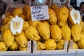 Fresh Cedri lemons sold at a local market in Sicily, Italy (translation cedri: large citrus fruit