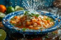 Fresh Ceviche Dish with Shrimp, Avocado, and Lime in a Traditional Bowl, Splash of Lime Juice, Mexican Cuisine