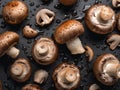 Fresh champignon mushrooms on a black background. Top view. Generative AI