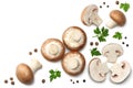 Fresh champignon mushrooms with parsley isolated on white background. top view Royalty Free Stock Photo