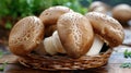 Fresh champignon mushrooms in wicker basket