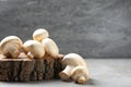 Fresh champignon mushrooms with wooden stump on table