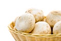 Fresh champignons, champignon mushrooms in wicker basket isolated Royalty Free Stock Photo