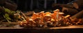 fresh chanterelles mushrooms on wooden table, Bunch of yellow mushroom