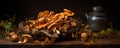 fresh chanterelles mushrooms on wooden table, Bunch of yellow mushroom