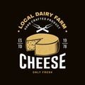 Fresh cheese badge design. Template for logo, branding design with block cheese and fork for cheese. Vector illustration