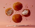 Fresh Cheese Balls with Crispy Golden Breadcrumbs Floating in Air on Pink Background