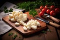 fresh cheese curds on board, knife beside