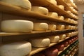 Fresh cheese heads on rack in factory warehouse