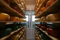 Fresh cheese heads on racks in factory warehouse