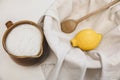 Fresh cheese making recipe ingredients, milk, lemon and a cotton cloth Royalty Free Stock Photo