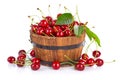 Fresh Cherries berries with green leaves in a rustic wooden Royalty Free Stock Photo