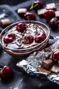 Fresh cherries in bowl with chocolate on dark tablecloth Royalty Free Stock Photo