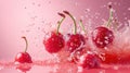 Fresh Cherries Falling into Crystal Clear Water