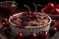 Fresh cherries in porcelain bowl and plate on table Royalty Free Stock Photo