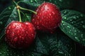 Fresh cherries with water droplets on lush green leaves Royalty Free Stock Photo