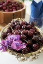 Fresh cherries in wooden bowl on table, close-up. healthy snack food Royalty Free Stock Photo