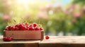 Fresh cherries in wooden crate on table and blurred organic farm on the background, mock up product display wooden board. Royalty Free Stock Photo