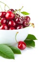 Fresh cherry berries with green leaf