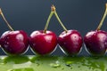 Fresh cherry berry with water droplets on a green bottle. healthy food for breakfast. fruits of vegetation. fruit dessert Royalty Free Stock Photo