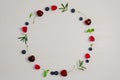 Fresh cherry, blueberry, raspberry, mint and rosemary leaf on top view with white background for healthy food concept