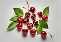 Fresh cherry fruit and leaves, on white table bakcground. Royalty Free Stock Photo