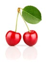 Fresh cherry fruits with green leaves