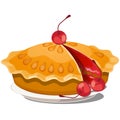 Fresh cherry pie on a plate isolated on white background. Vector cartoon close-up illustration. Royalty Free Stock Photo